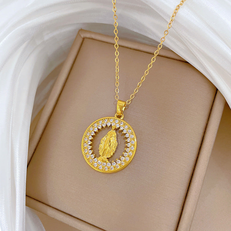 Sweet Minimalist Round Geometric Rhinestone Inlay Titanium Steel Necklace with Brass Pendant for Unisex