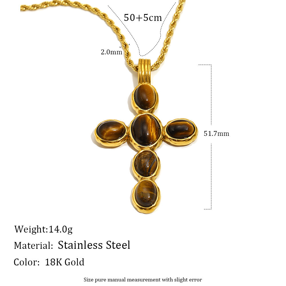 Minimalist Oval Tiger Eye Cross Necklace in Stainless Steel with 18K Gold Plating for Women