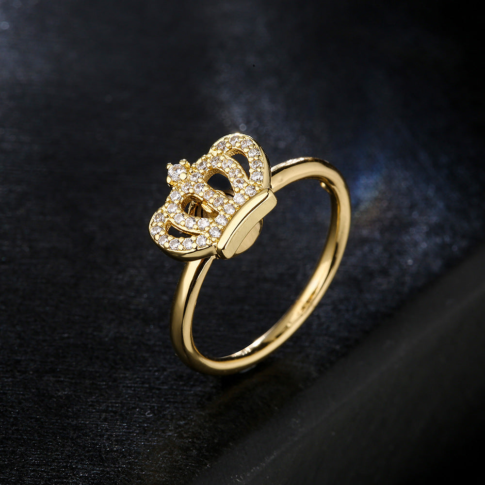 INS Style Geometric Copper Ring with 18K Gold Plating and Micro-Paved Zirconia Crown Star Design