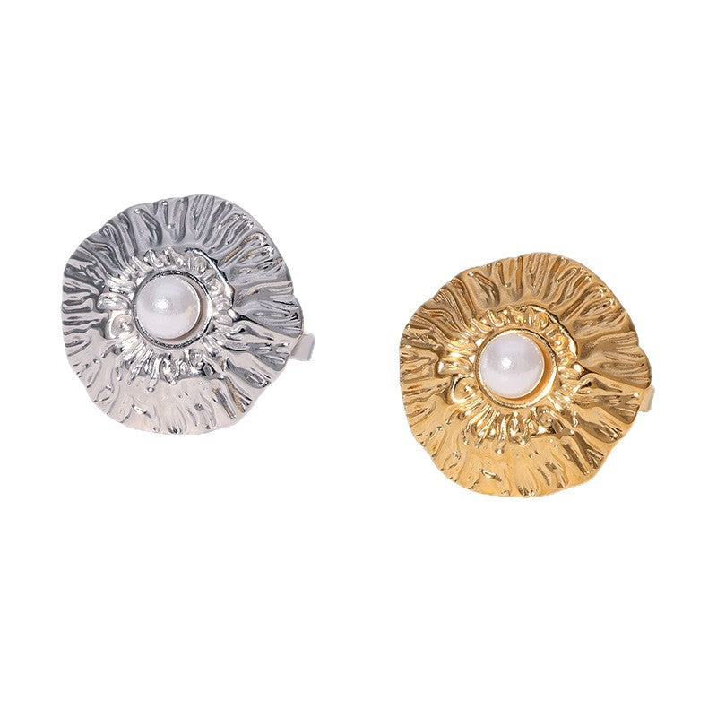 Minimalist Geometric Stainless Steel Ring for Women with 18K Gold Plating and Textured Pleated Detail