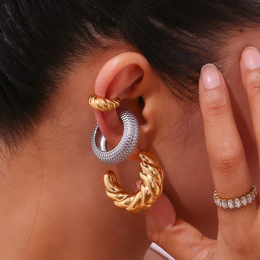 Fashionable Minimalist Hollow Crescent Moon and Ram Horn Shaped Earrings for Women in Stainless Steel with 18K Gold Plating