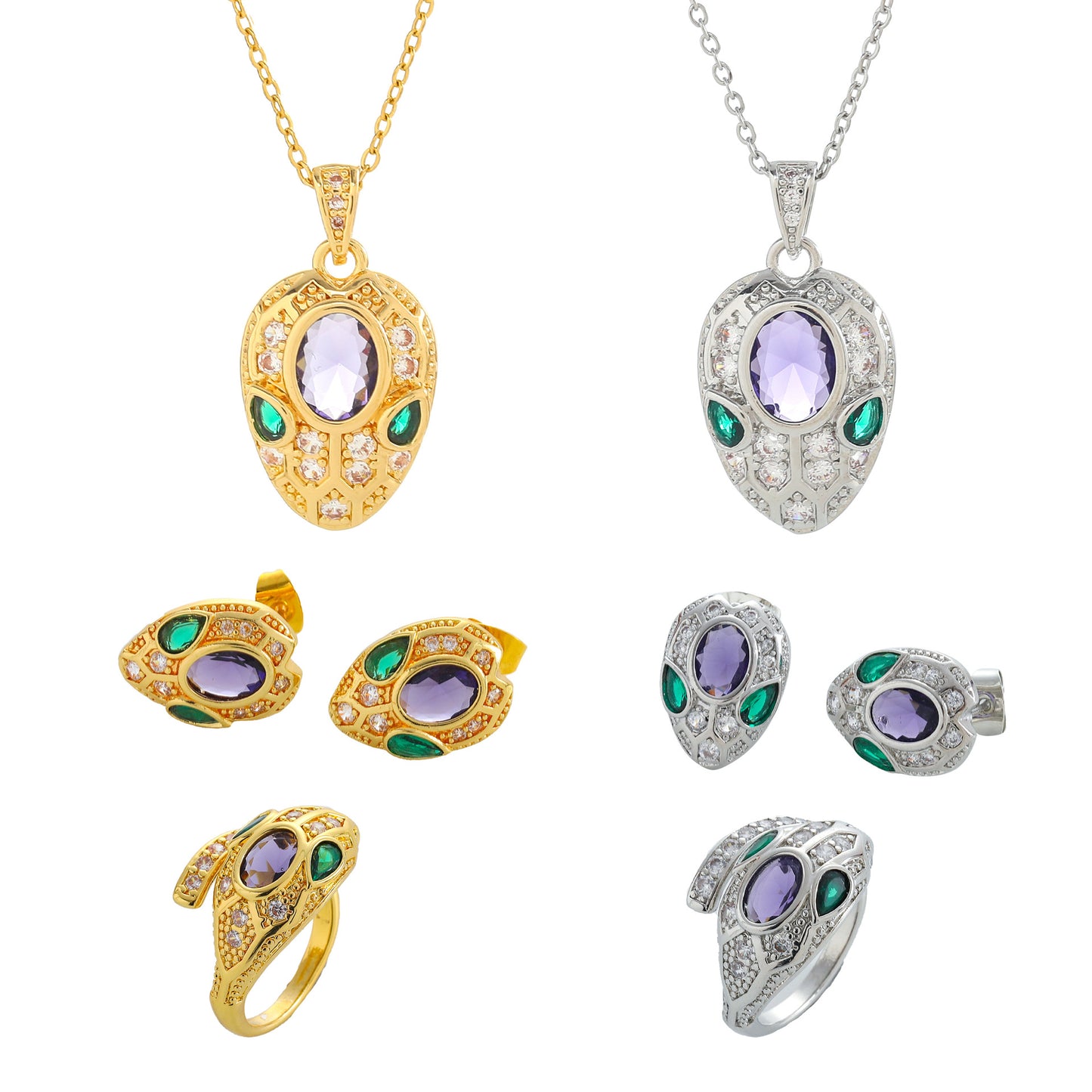 Parure di lusso con collana, orecchini e anello a forma di serpente in acciaio al titanio, con zirconi e pendente in ametista, placcatura sottovuoto ipoallergenica, design a catena a O