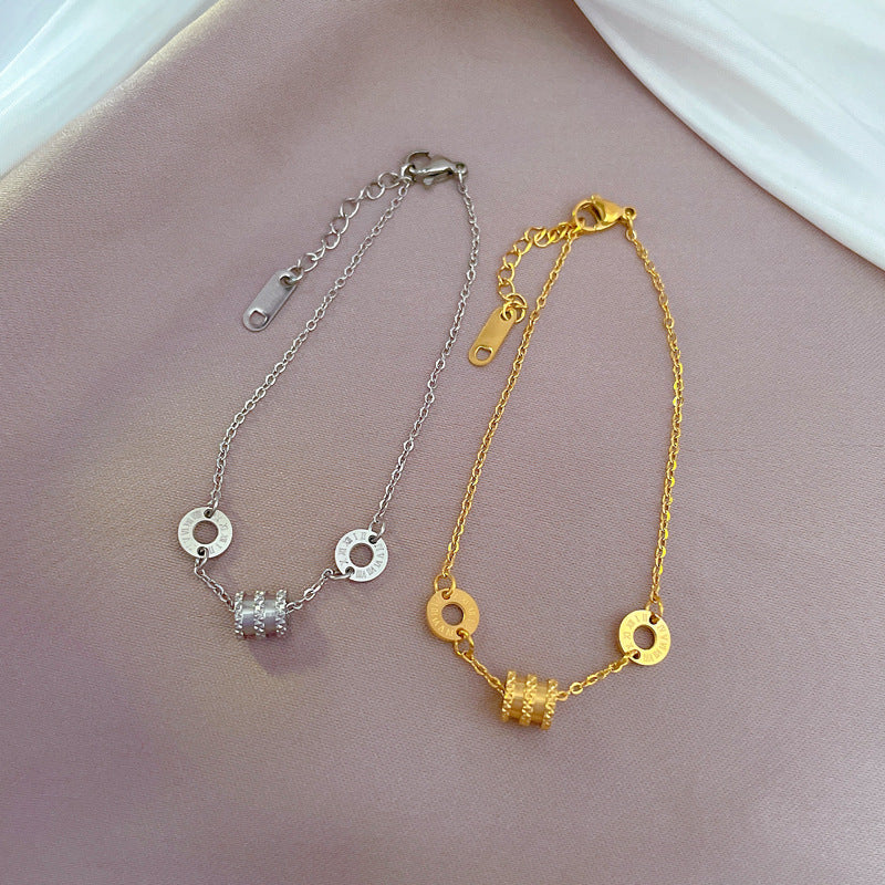 Vintage Korean Titanium Steel Letter Chain Bracelet for Women with Round Pendants and Wavy Bean-shaped Details