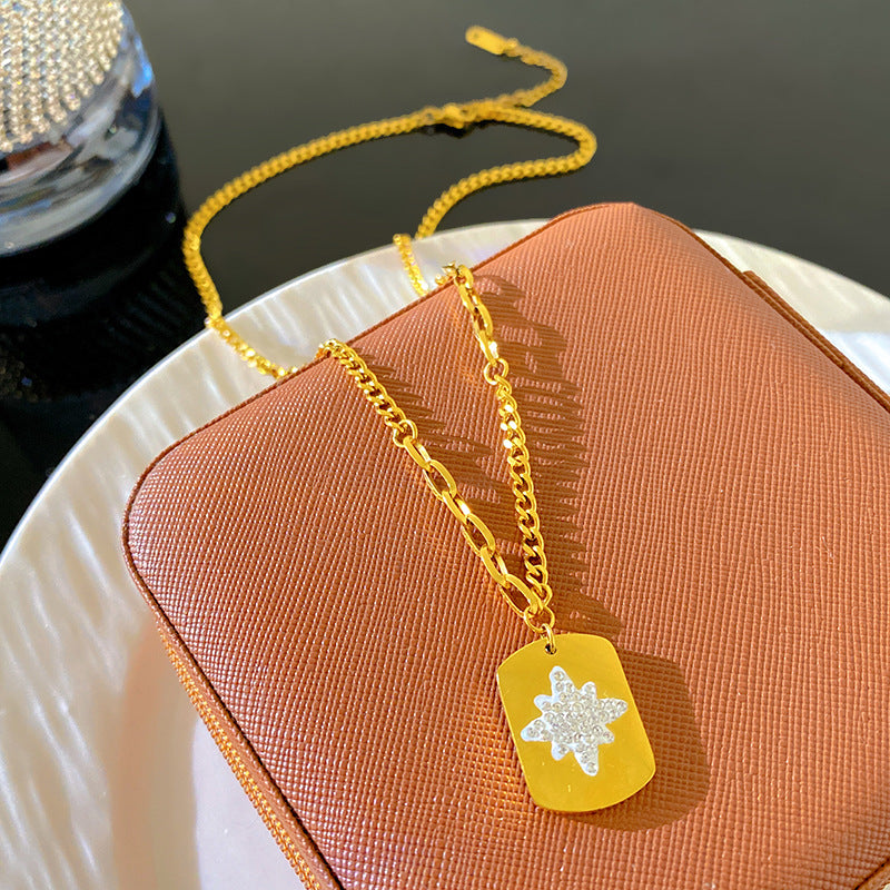 Micro-Paved Cubic Zirconia Eight-Pointed Star Square Titanium Steel Gold Plated Necklace