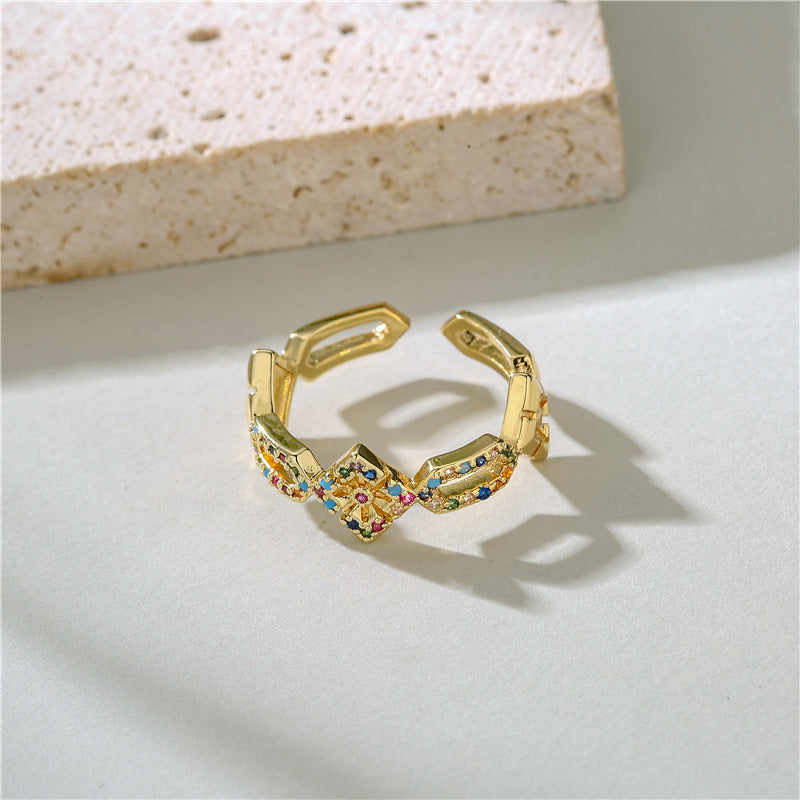 Geometric Micro-Inlay Gold Plated Brass Ring for Women