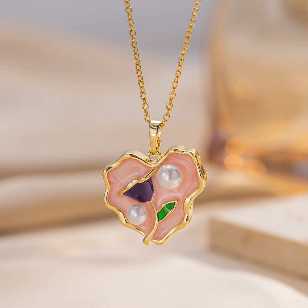 Light Luxury Heart-Shaped Pearl Pendant Necklace for Women with Titanium Steel Chain and 18K Gold Plated Copper Charm