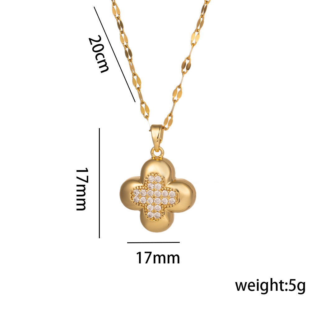 Minimalist Clover-Shaped Titanium Steel Necklace for Women with Rhinestone Inlay, Vacuum-Plated Snake Chain Pendant
