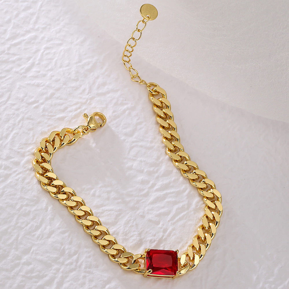 Bracciale da donna in rame con placcatura in oro 18K e intarsio in zirconi, stile punk hip-hop geometrico