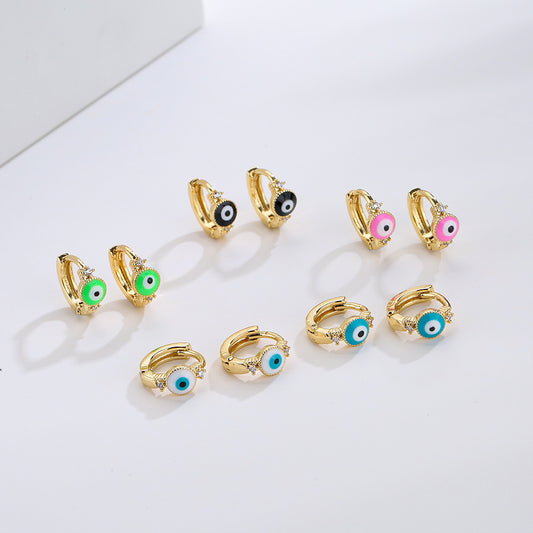 Minimalist Geometric Copper Earrings with 18K Gold Plating and Enamel Evil Eye Design for Women