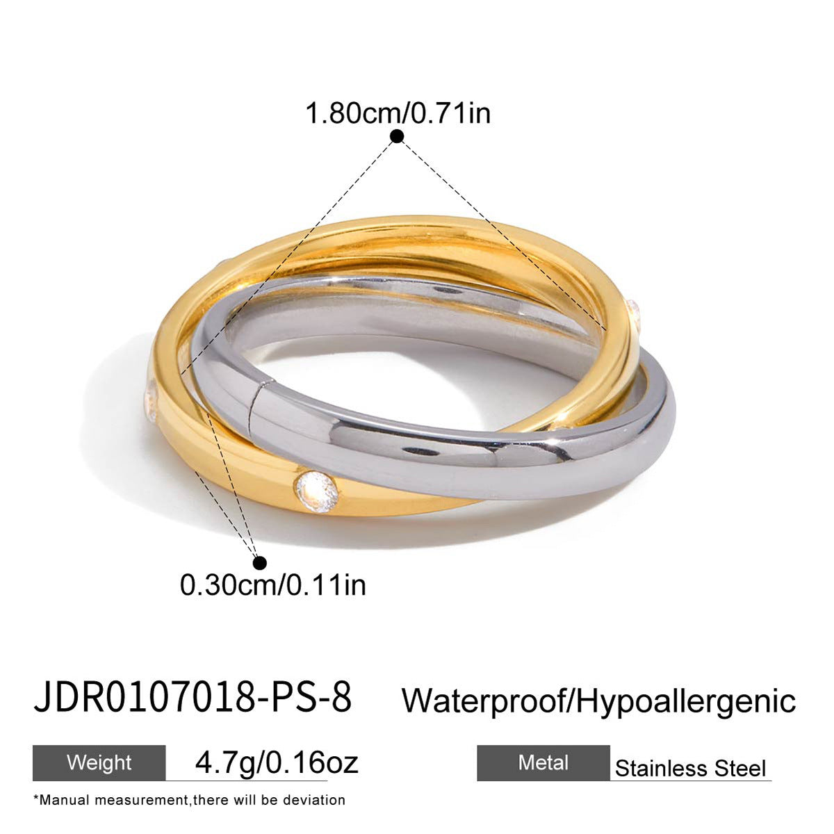 Anillo de acero de titanio con doble aro cruzado geométrico y circonitas incrustadas chapado para mujer