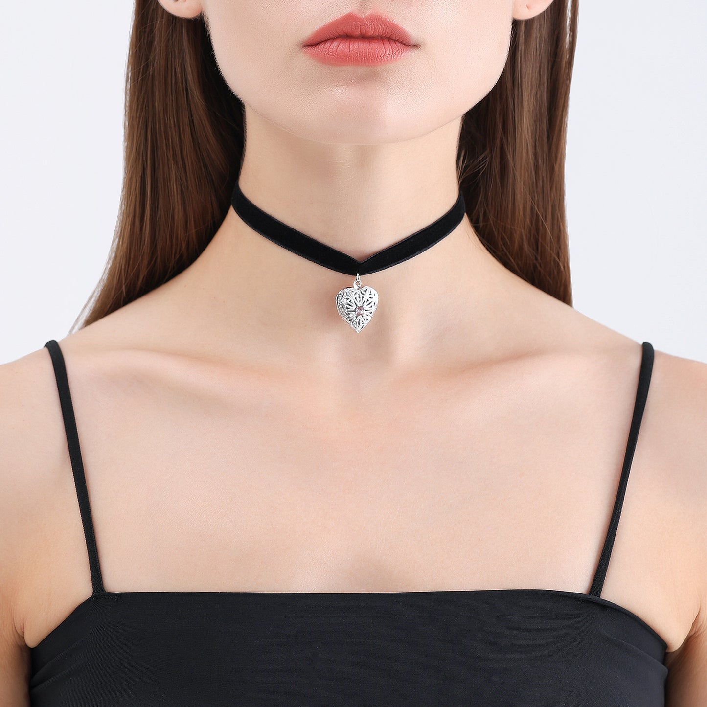 Minimalist Black Satin Ribbon Necklace with Openable Rhinestone Heart Pendant for Women