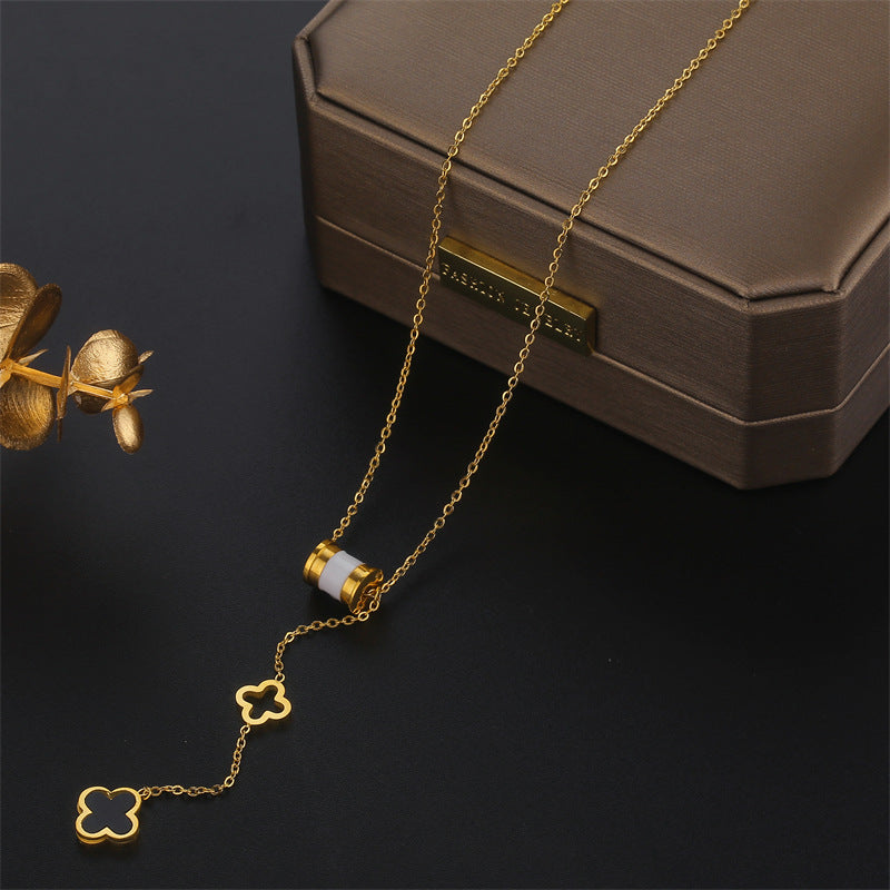 Minimalist Four-Leaf Clover Pendant Necklace in Titanium Steel with Gold Plating on Ball Chain for Women