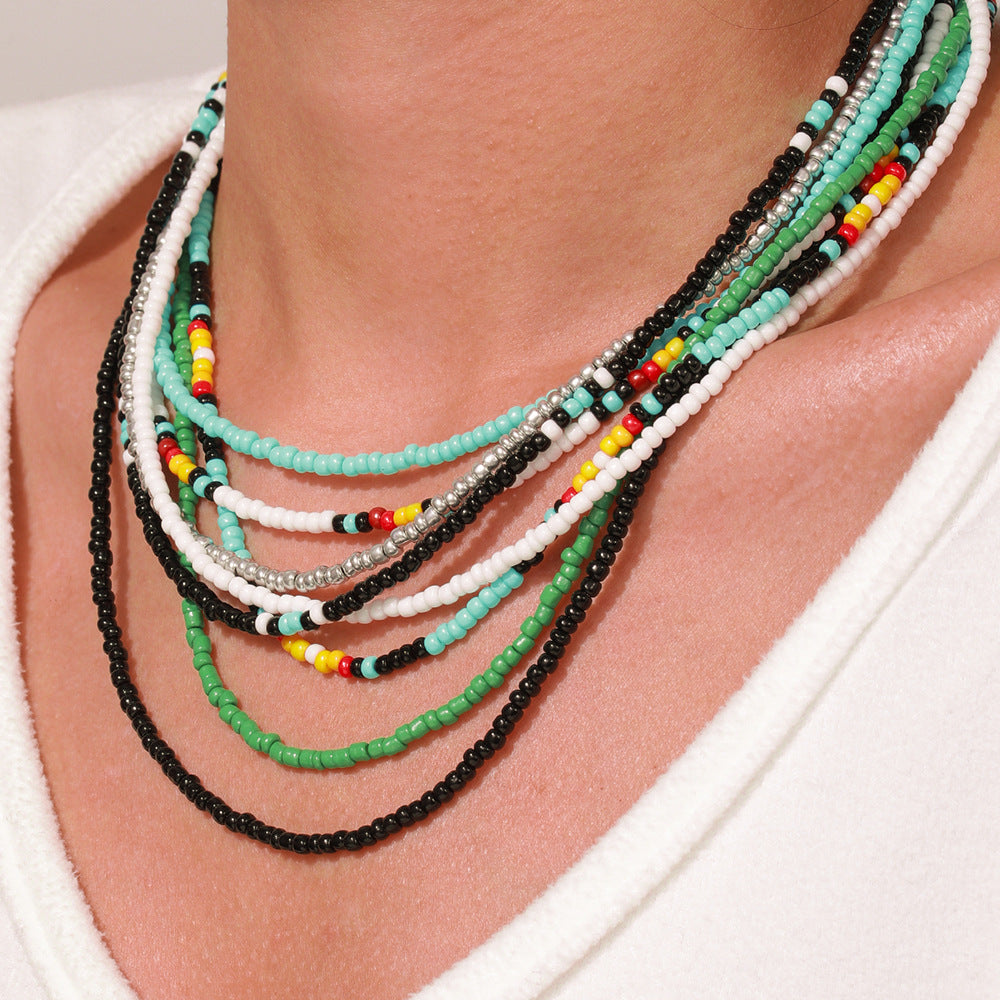 Bohemian Casual Geometric Round Glass Bead Stainless Steel Ball Chain Necklace for Women
