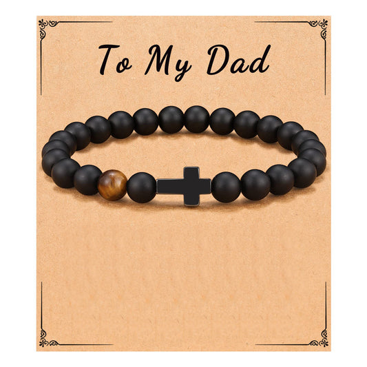 Matte Natural Black Agate and Yellow Tiger Eye Cross Bracelet Unisex 8mm Beaded Hand Chain