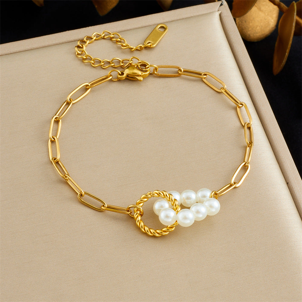Vintage Minimalist Elegant Gold Plated Geometric Oval Round Faux Pearl Knot Bracelet