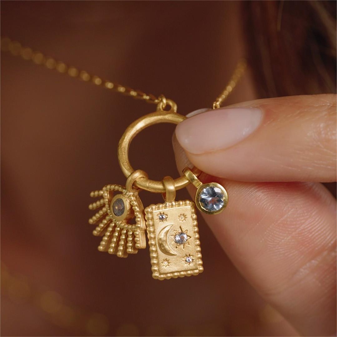 Vintage Geometric Brass Plated Gemstone Pendant Necklace with Sun Moon Evil Eye Charm Bar for Women
