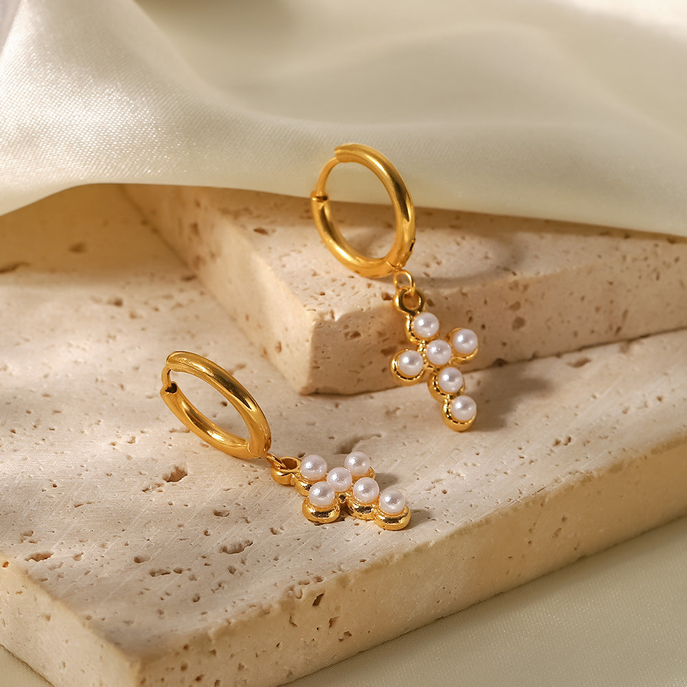 Pendientes de titanio con diseño geométrico de estilo francés con colgante de cruz chapado en oro de 18 quilates para mujer