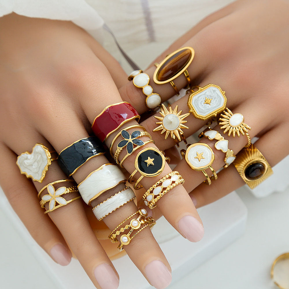 Vintage Instagram Style Adjustable Geometric Stainless Steel Ring with 18K Gold Plating for Women