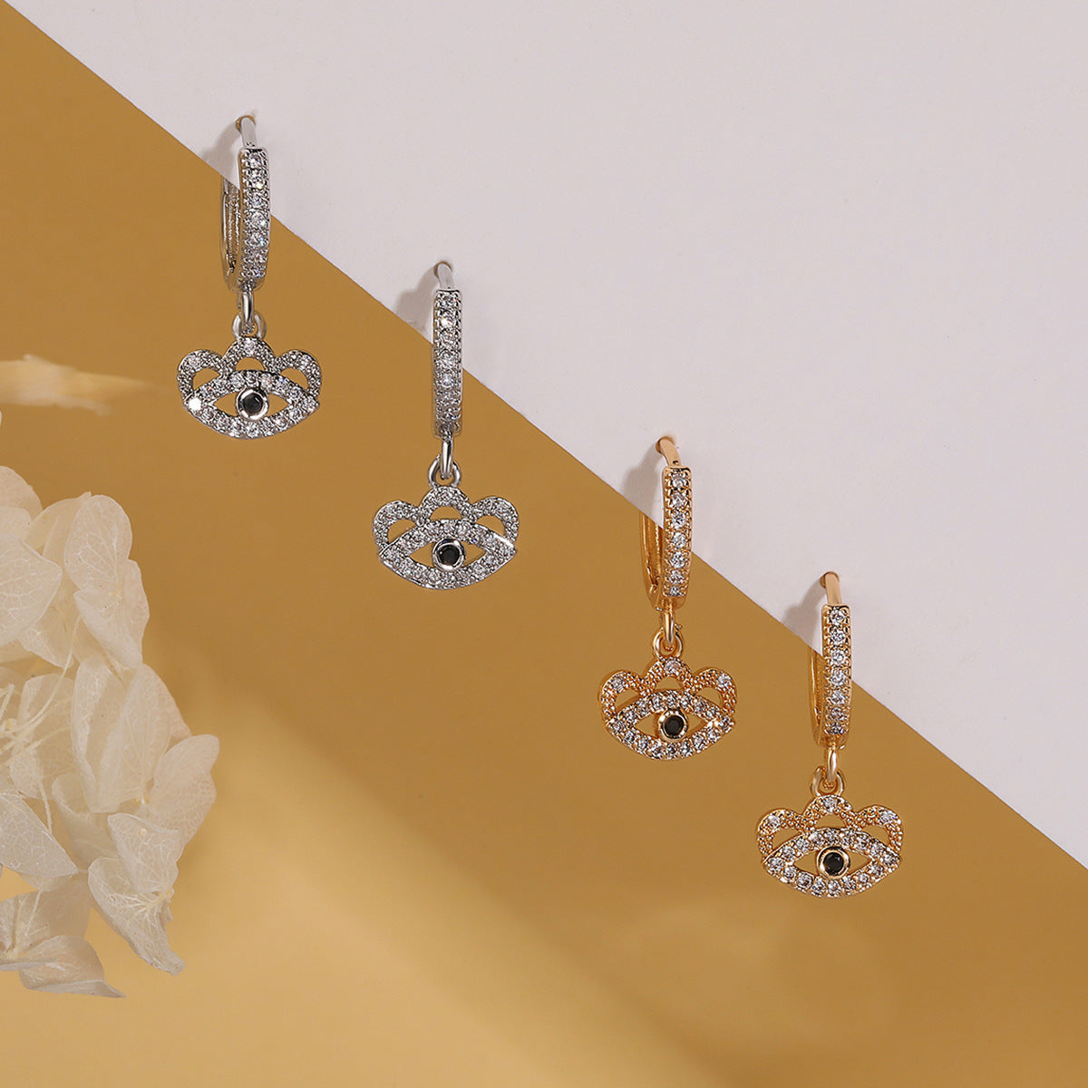 Minimalist Geometric Eye-Shaped Earrings in Brass with Real Gold Plating and Zircon Inlay for Women