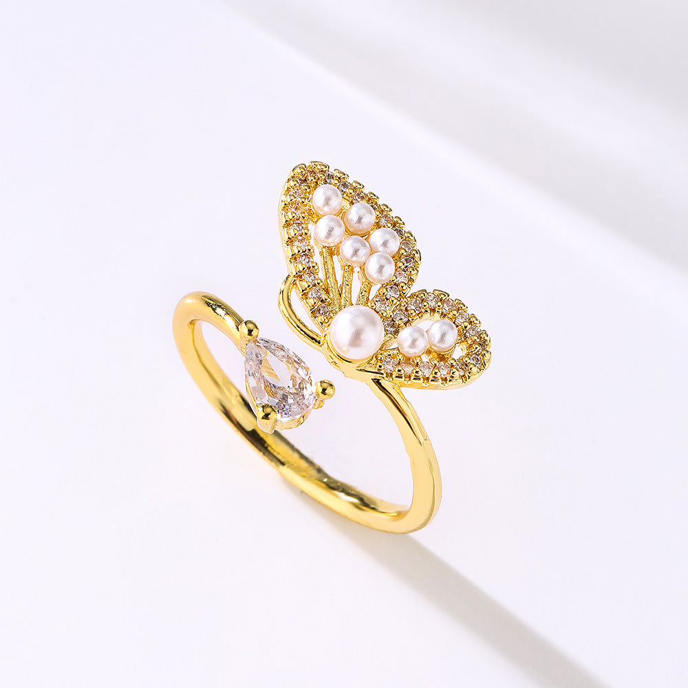 Anello Aperto Tartaruga Farfalla Geometrica da Donna in Rame con Placcatura in Oro 18K e Intarsio di Zirconi