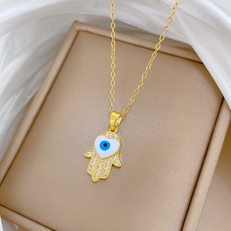 Sweet Elegant Geometric Cartoon Hand Eye Drip Oil Rhinestone Pendant Necklace Titanium Steel Cable Chain Unisex