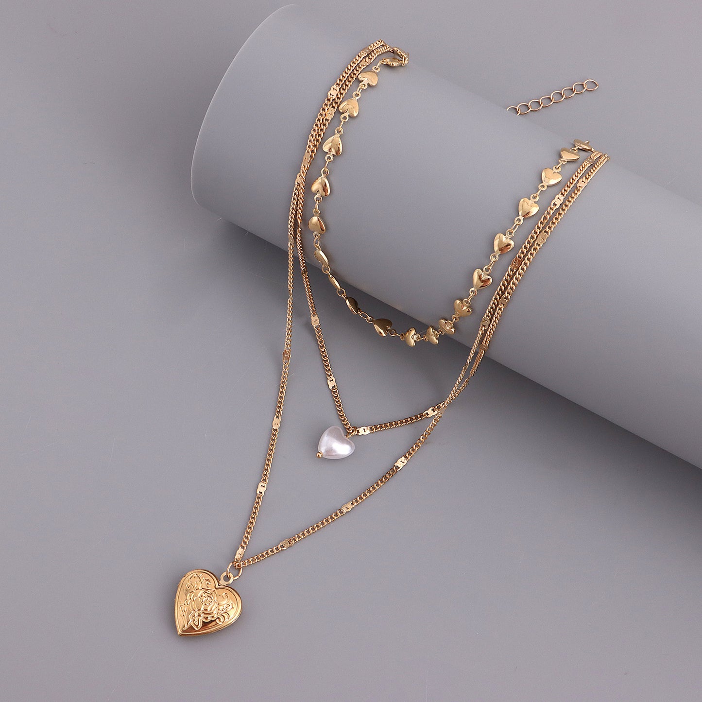Charming Multi-Layer Heart-Shaped Pendant Necklace with Pearl Accents and Openable Charm for Women in Alloy with Plated Finish