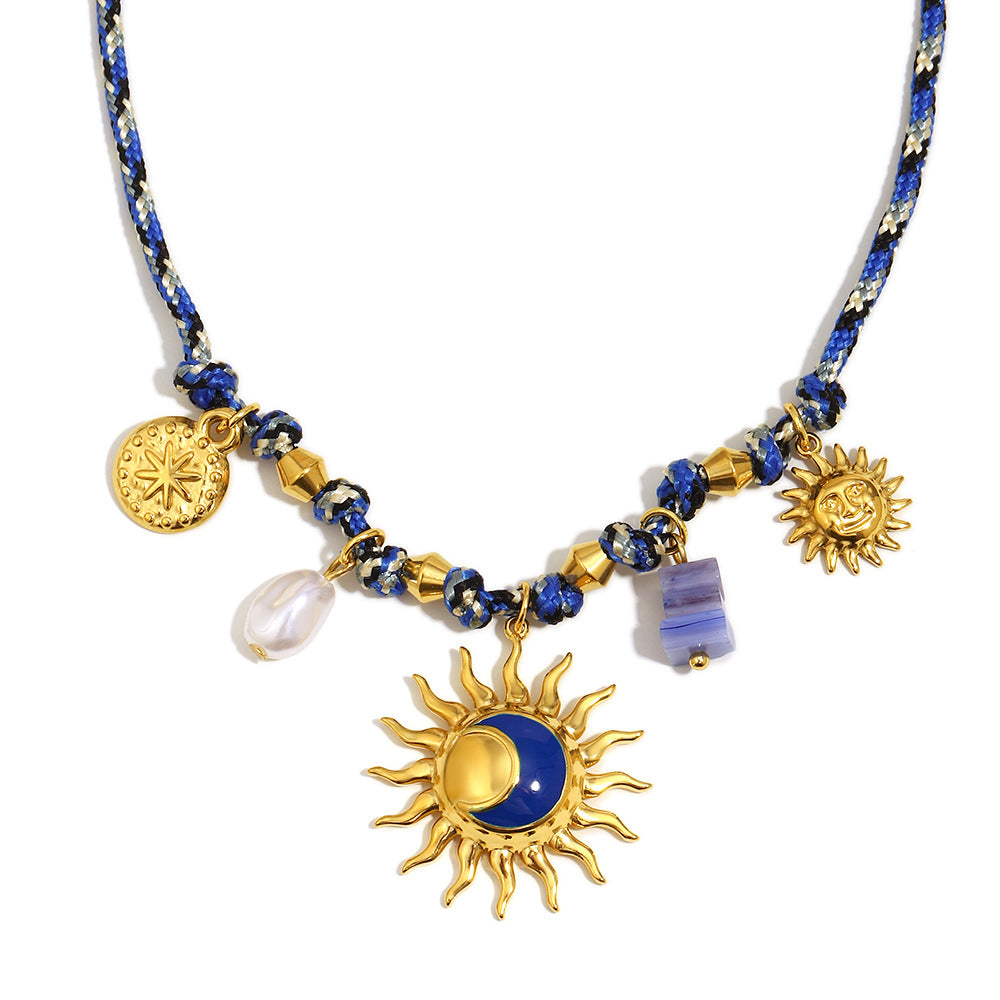 Luxury Geometric Stainless Steel Plated 18K Gold Sun Pendant Necklace with Enamel Detail for Women