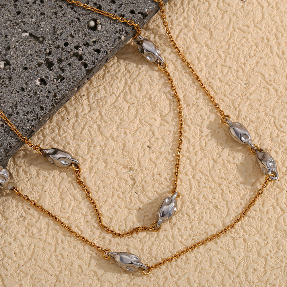 Collana con Pendente Geometrico alla Moda da Donna in Acciaio Inossidabile con Placcatura in Oro 18K, Catena a Doppio Strato con Perline