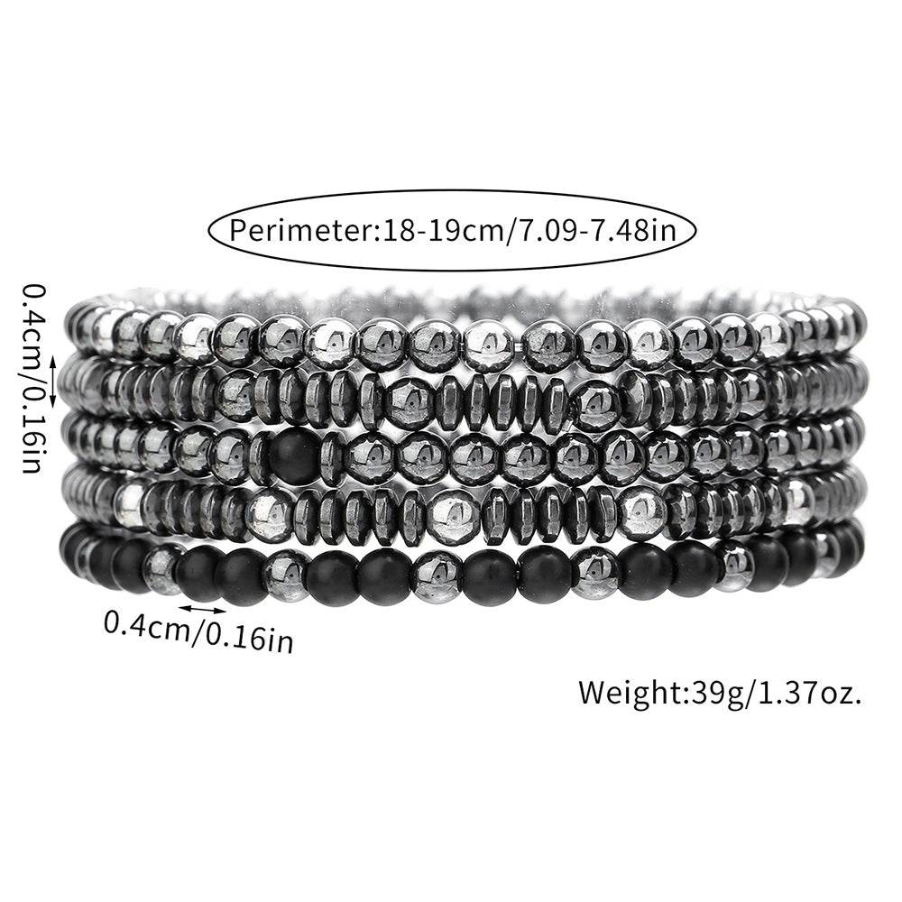 Geometric Black Hematite Beaded Bracelet Set for Couples Handmade Elastic Beach Style Hip Hop Jewelry