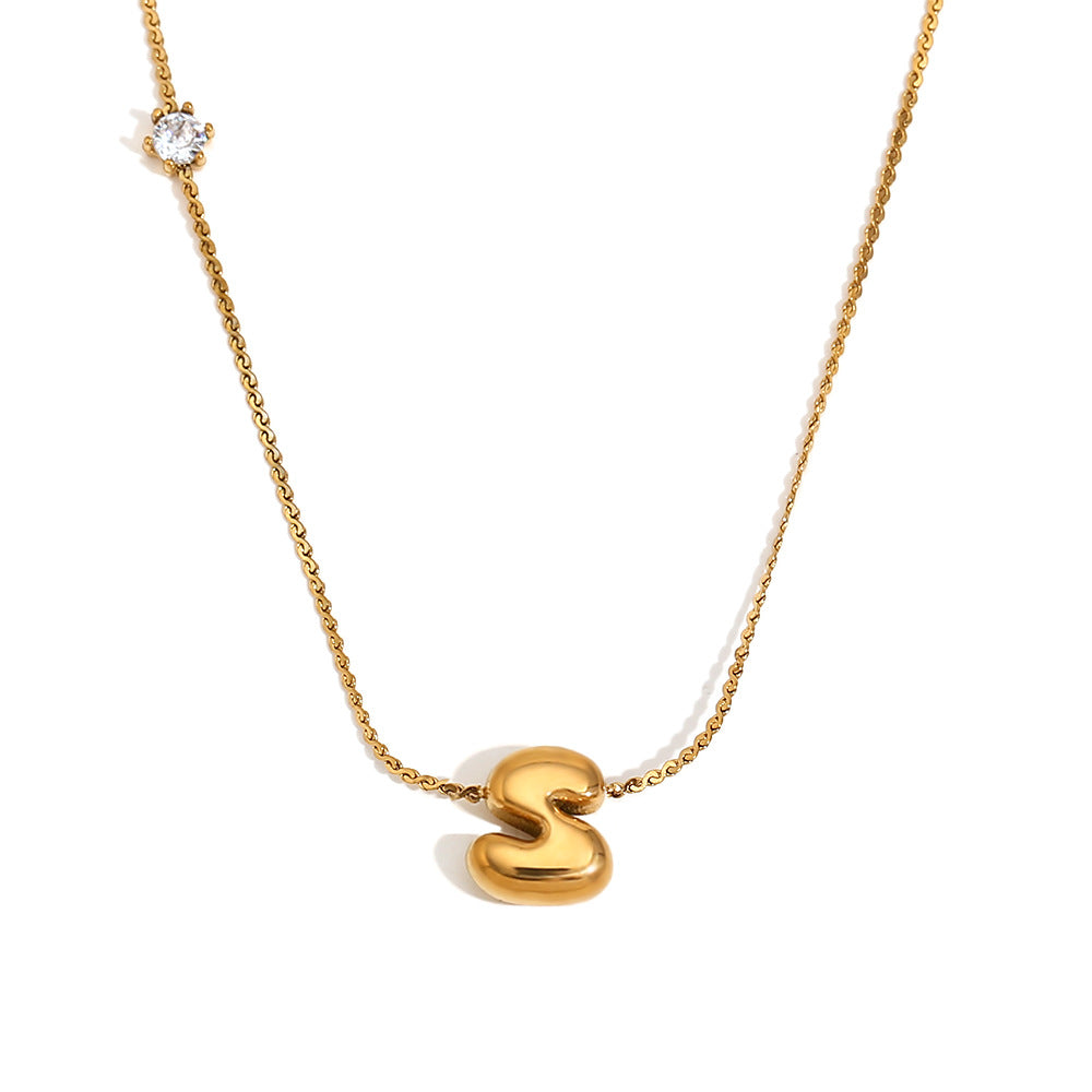 Minimalist Letter-Shaped Pendant Necklace for Women in Stainless Steel with 18K Gold Plating and Cubic Zirconia Accent on S-Link Chain