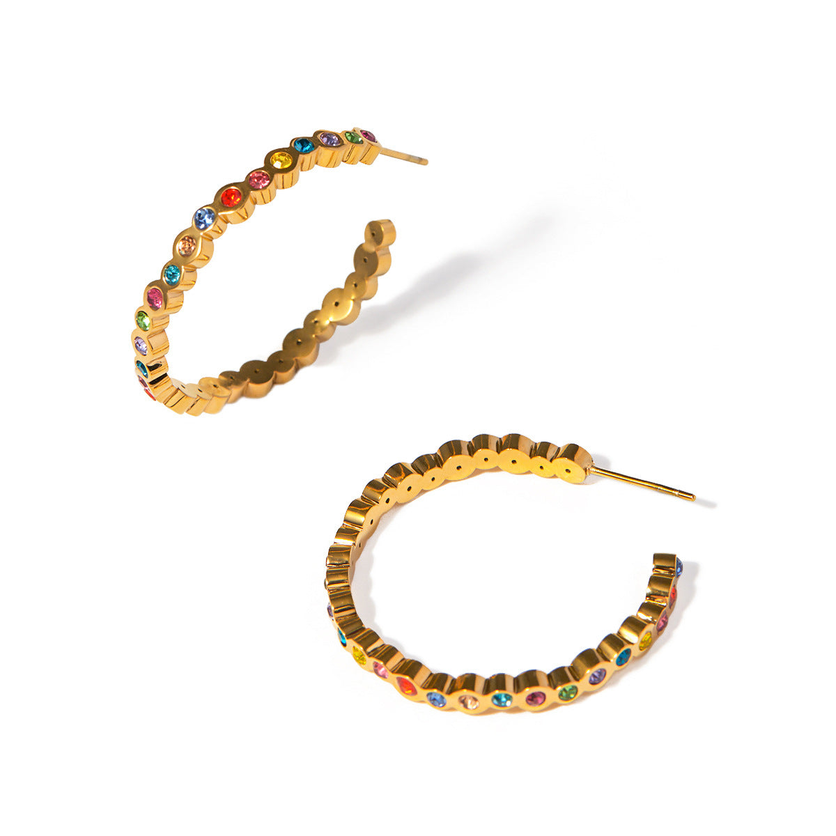 Minimalist Round Stainless Steel Hoop Earrings with 18K Gold Plating and Colorful Rhinestone Inlay