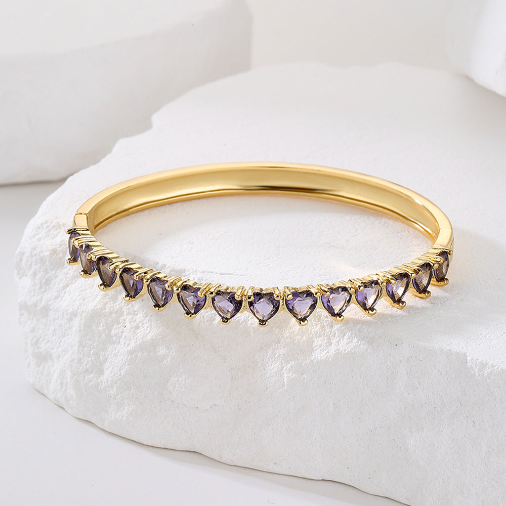 Minimalist Heart-Shaped Copper Bracelet with 18K Gold Plating and Micro-Paved Zirconia for Women