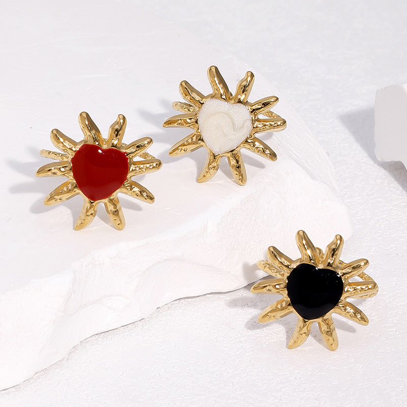 Anello aperto minimalista da donna in acciaio inossidabile placcato oro 18 carati con cuore e sole