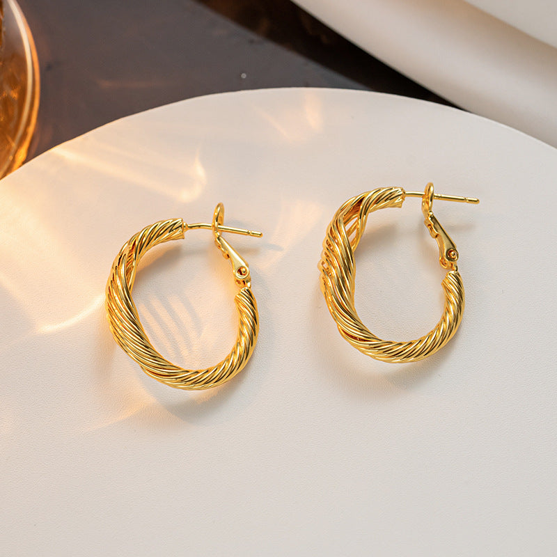 Geometric Twisted C-Shape Titanium Steel Earrings for Women with Vacuum Electroplating Finish