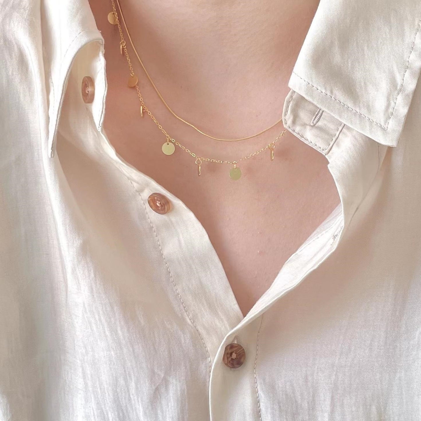 Minimalist Double Layer Snake Chain Necklace in 925 Sterling Silver with Gold Plating and Chic Sequin Detail