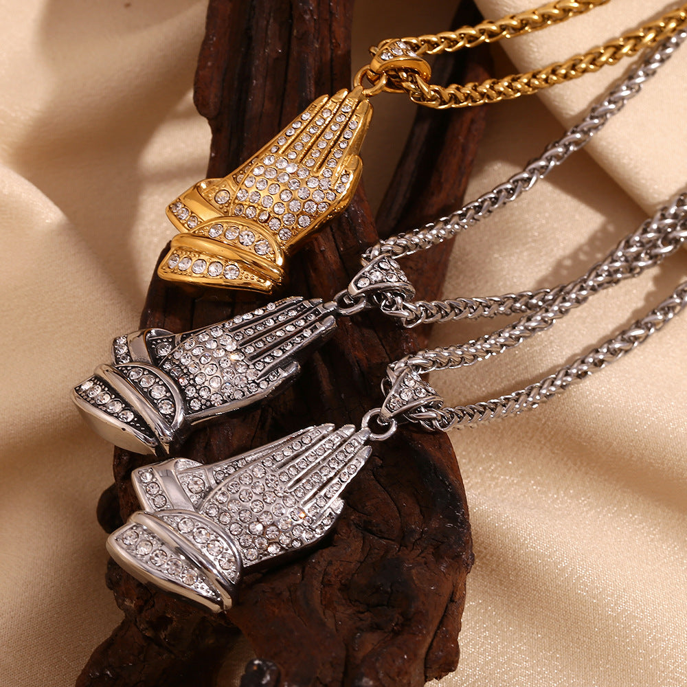 Vintage Hip Hop Geometric Stainless Steel Plated 18K Gold Palm Gesture Pendant Necklace for Men with Twisted Chain