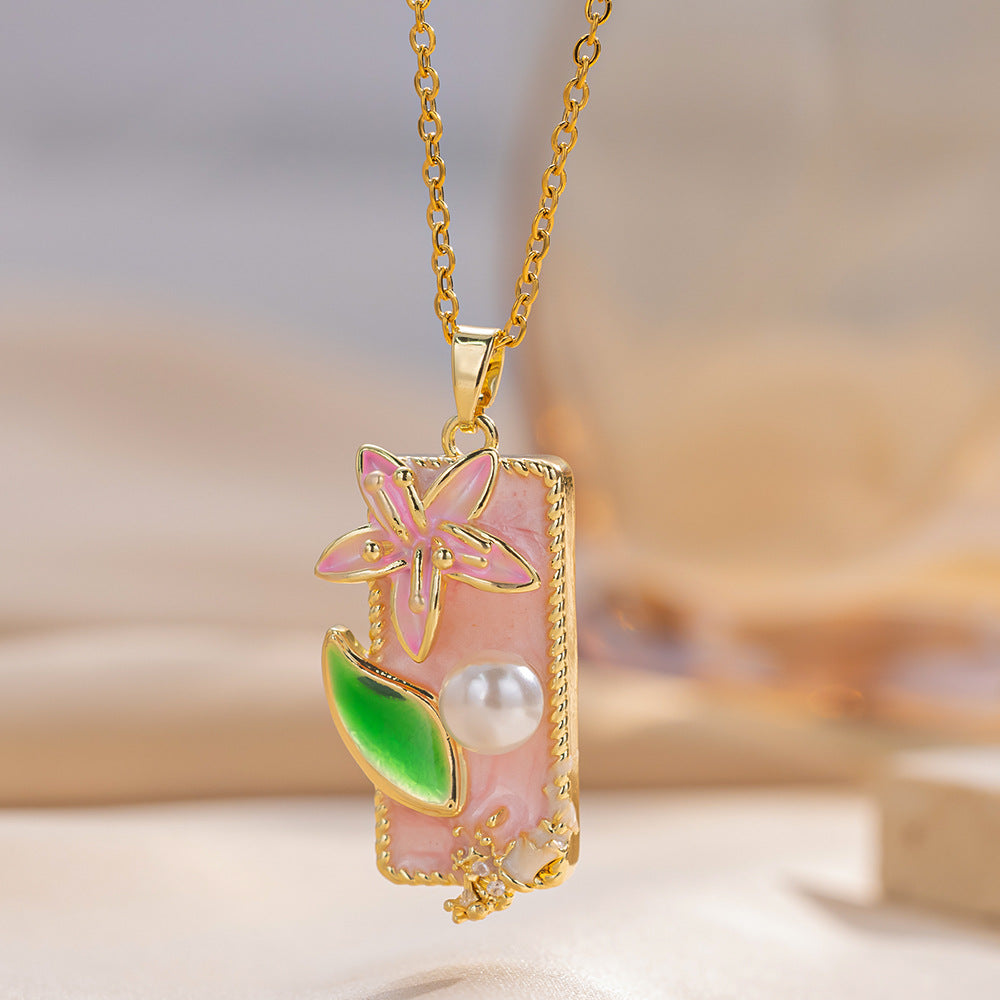 Elegante Collana con Ciondolo Floreale da Donna in Acciaio al Titanio con Finitura Smaltata a Catena O Stile Lusso Minimalista