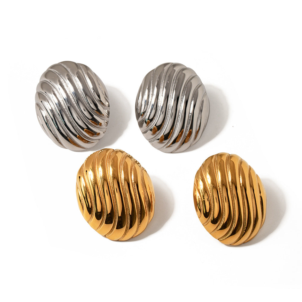 Geometric Stainless Steel Earrings with 18K Gold Plating and Textured Grid Pattern for Women