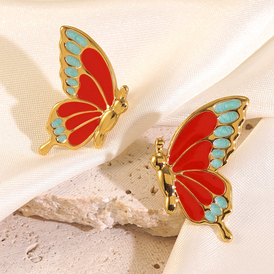 Sweet Minimalist Butterfly Drip Oil Stainless Steel Earrings for Women