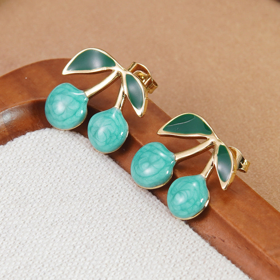 Sweet Drip Oil Stainless Steel Cherry Earrings for Women