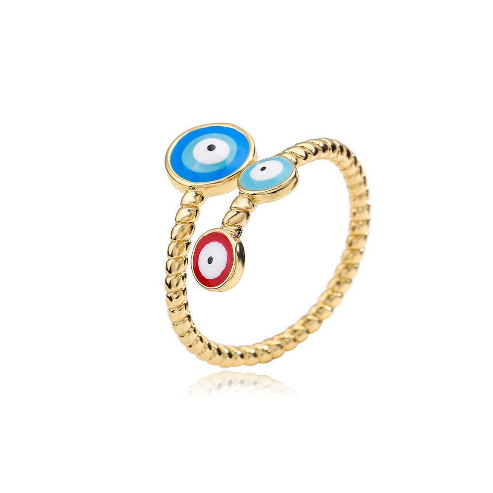 Minimalist Geometric Open Ring for Women in Brass with Gold Plating and Enamel Eye Detail