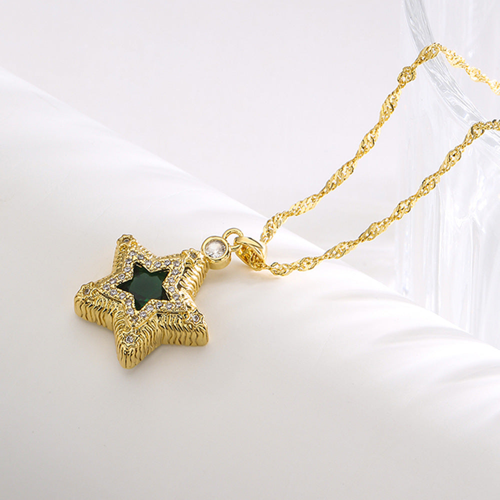 Elegant Water-Drop Shaped Five-Pointed Star Pendant Necklace for Women Made of Brass with Real Gold Plating and Zircon Inlay