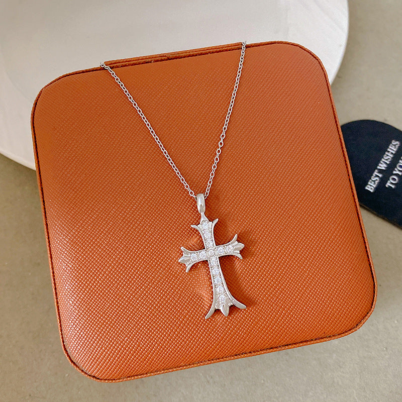 Sporty Sweet 18K Gold Plated Cross Titanium Steel Necklace with Cubic Zirconia for Women