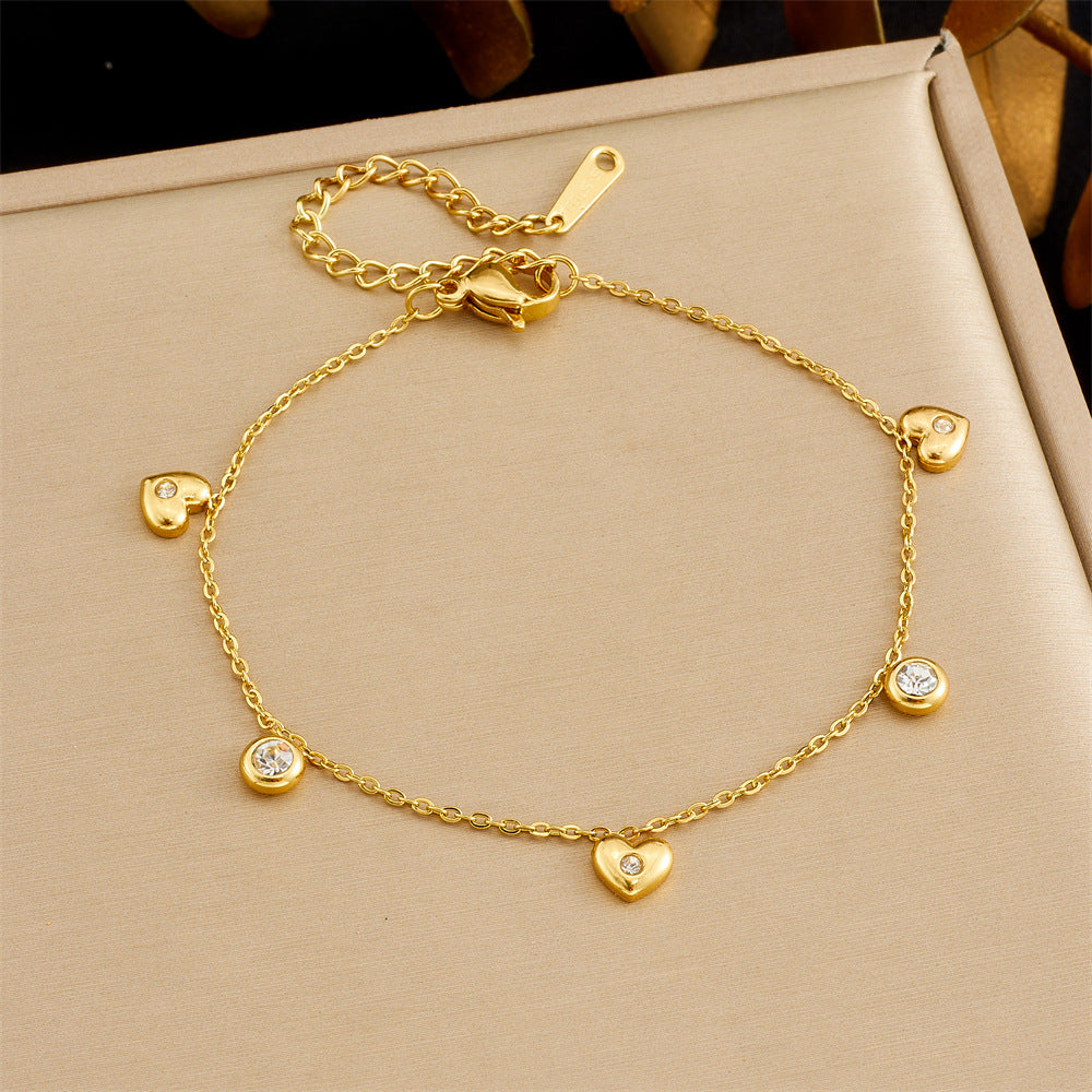 Minimalist Elegant Round Heart Rhinestone Inlay Gold Plated Stainless Steel Bracelet for Women