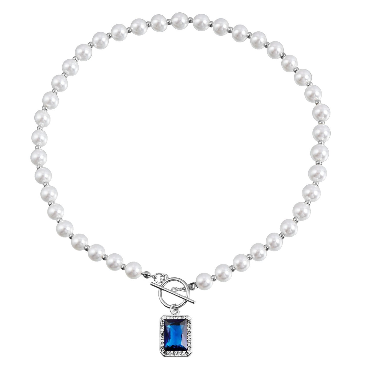 Fashion Minimalist Geometric Rectangle Pearl-Style Pendant Necklace with Rhinestone Accents on Clavicle Chain