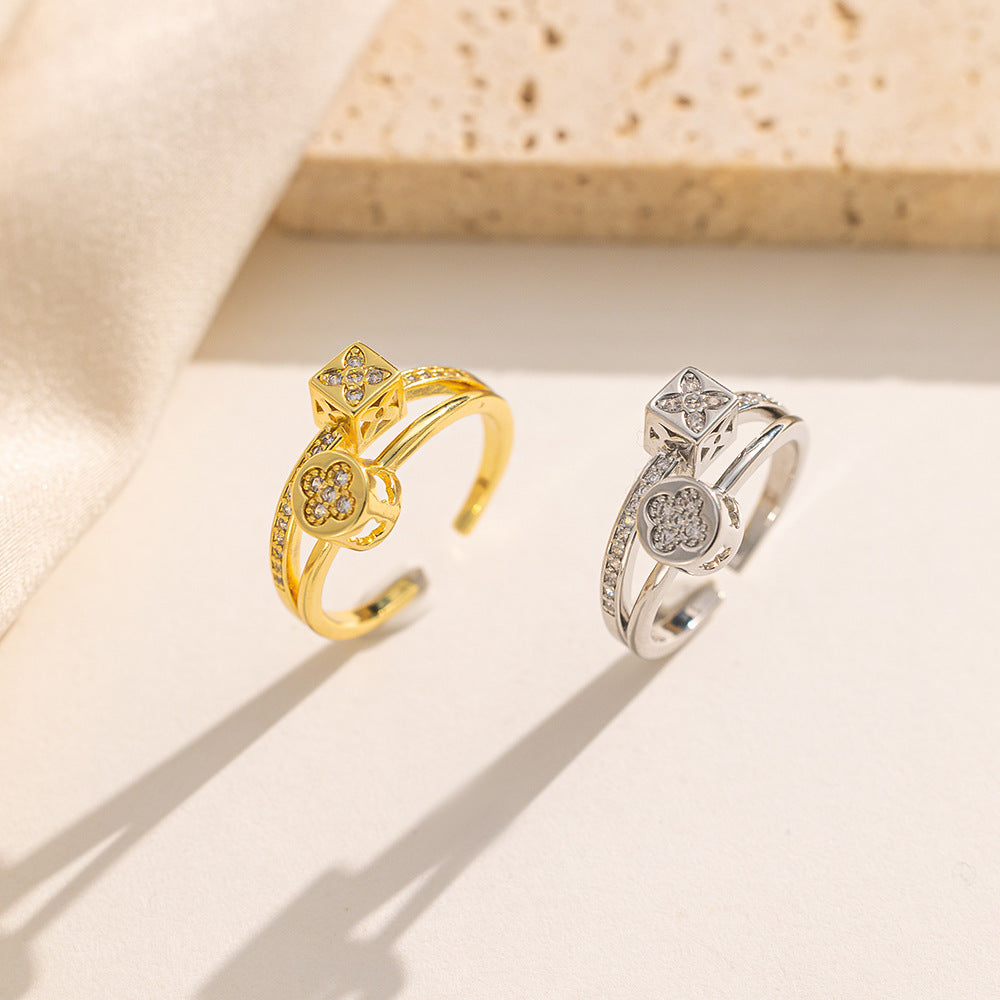 Anillo Minimalista Geométrico de Acero Titanio con Zirconia Microincrustada para Mujer, Banda Abierta Ajustable Bañada al Vacío