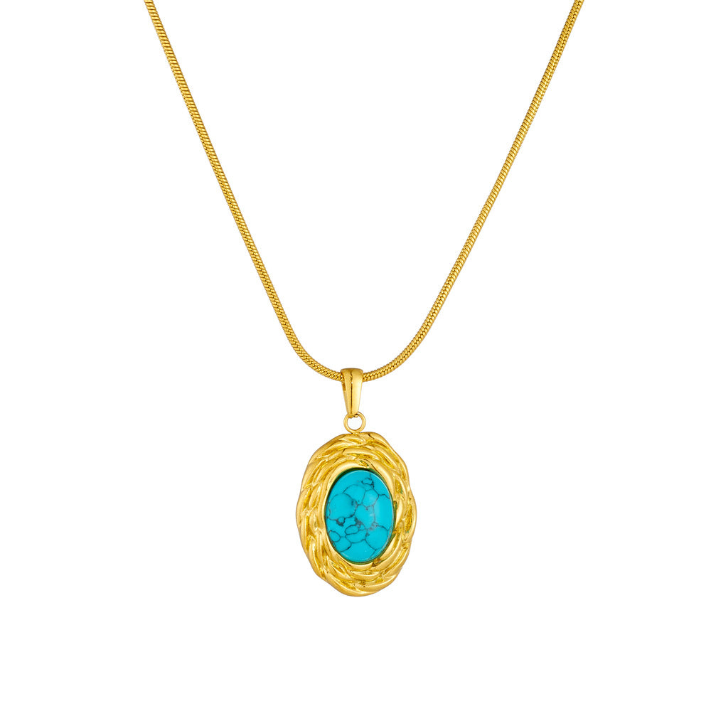 Vintage Geometric Oval Stainless Steel Plated Pendant Snake Chain Necklace for Women