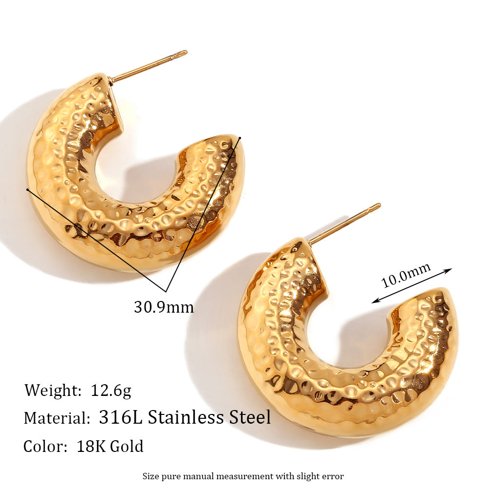 Minimalist Geometric Hollow Hammered Texture Stainless Steel Earrings with 18K Gold Plating for Women