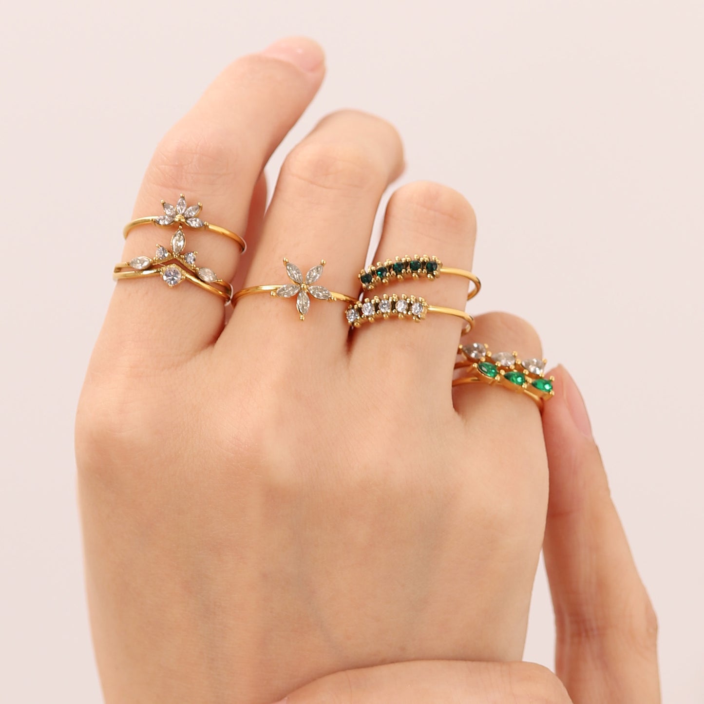 Waterproof Stainless Steel 18K Gold Plated Geometric Square Crystal Zircon Ring for Women