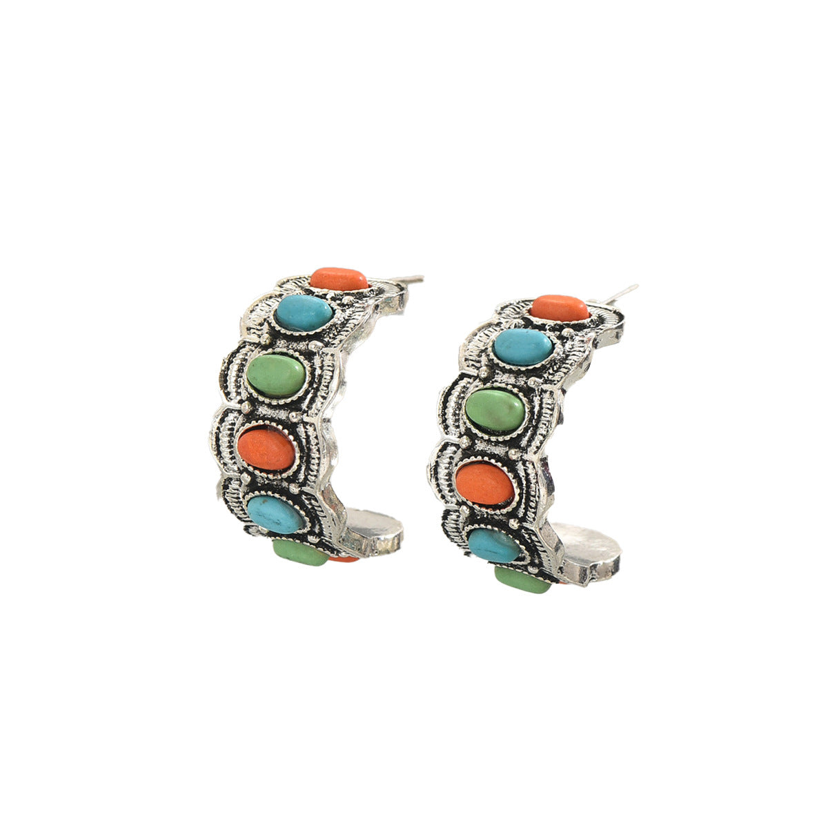 Aretes retro geométricos en forma de C para mujer con base de aleación de zinc e incrustaciones de piedra natural
